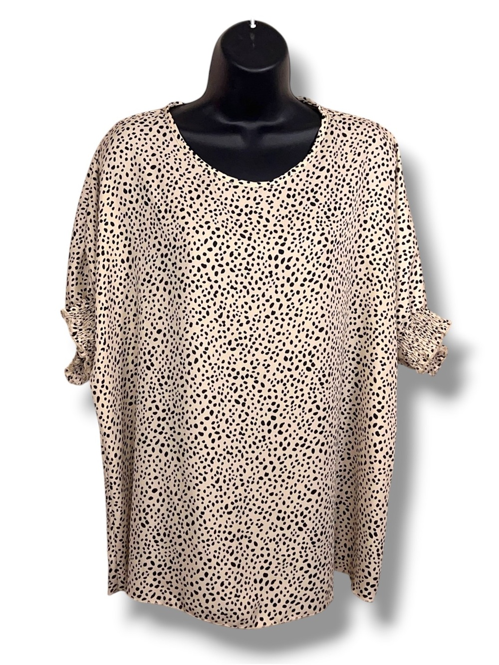 XL Hesed Beige Black Dalmatian Print Top Short Sleeve Animal Print Ruffle Accent
